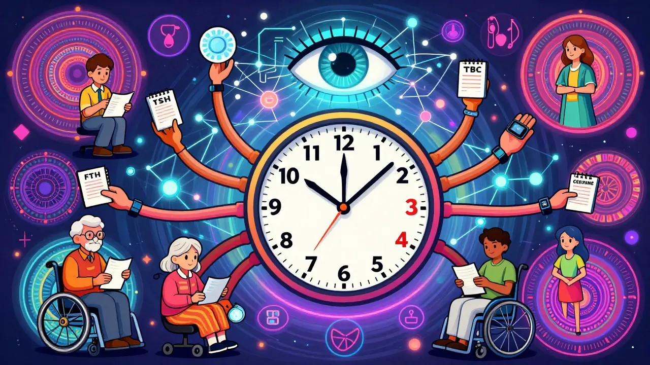 A psychedelic clock with lab tests at each hour, patients holding journals and wearables, connected by a glowing AI data web in vibrant neon hues.