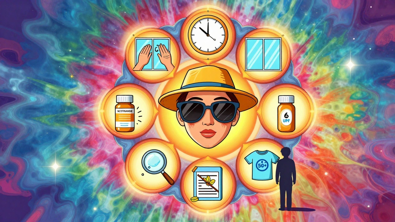 A psychedelic mandala shows a daily sun protection routine with sunscreen, clothing, windows, pills, and time markers in glowing colors.