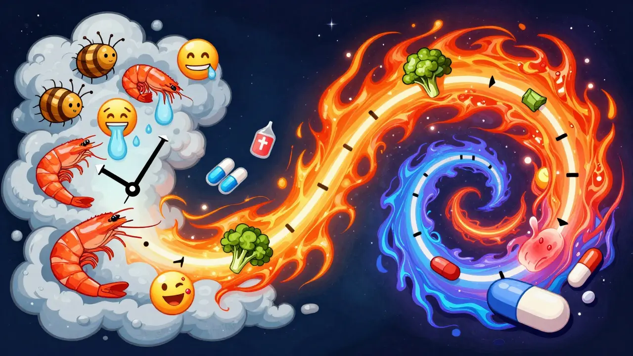 A psychedelic timeline vortex contrasting rapid food allergy reactions with delayed drug reactions, marked by fever spikes and rashes.