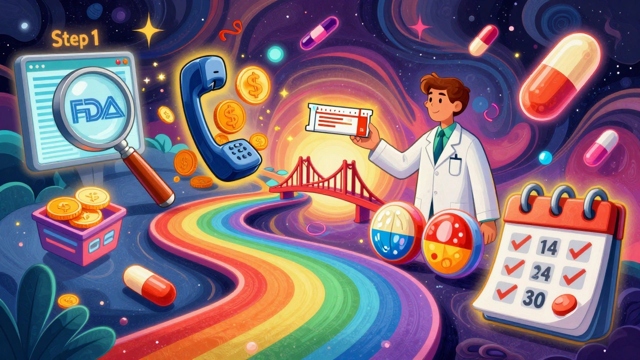 A rainbow path through a surreal pharmacy shows five steps to switching to an authorized generic, with symbolic icons floating in a psychedelic cosmos.