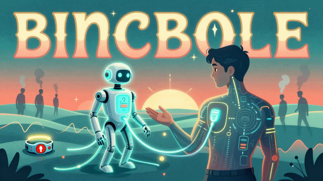 A sentient insulin pump guiding a person through a stable blood sugar landscape with a glowing medical bracelet.