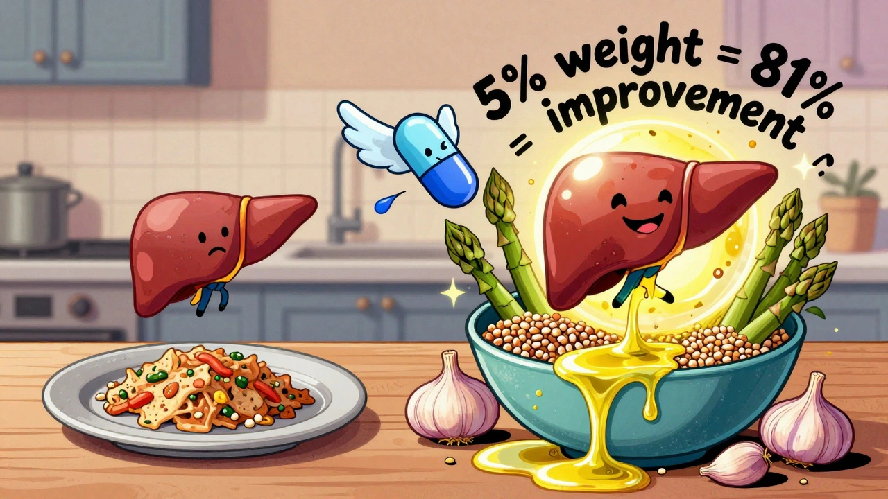 A split kitchen scene: dull processed food on one side, a vibrant Mediterranean bowl on the other, with a flying probiotic capsule and glowing healthy liver.