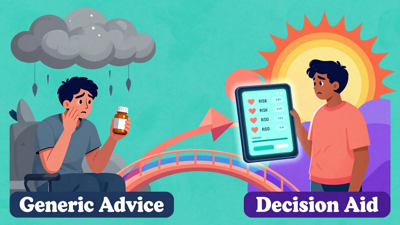 A split scene showing confusion vs. clarity in medication choices with vibrant visual metaphors.