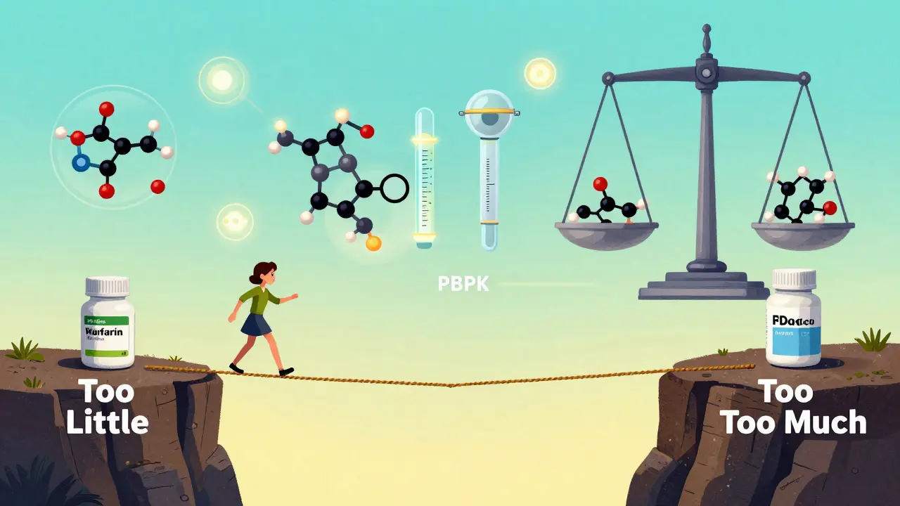 A tightrope walker representing warfarin balancing on a narrow 90-111% rope between danger zones, watched by an FDA scale with floating models.