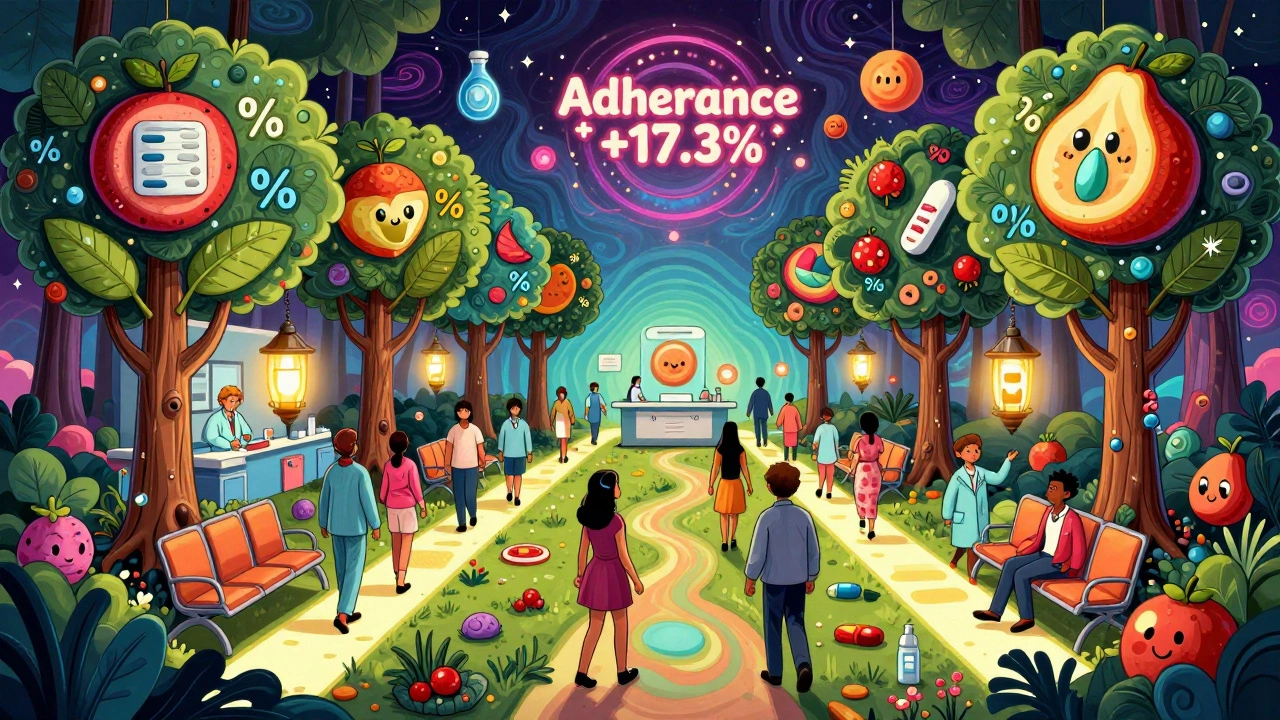 A whimsical decision forest where medication options grow as trees with personalized risk fruit.