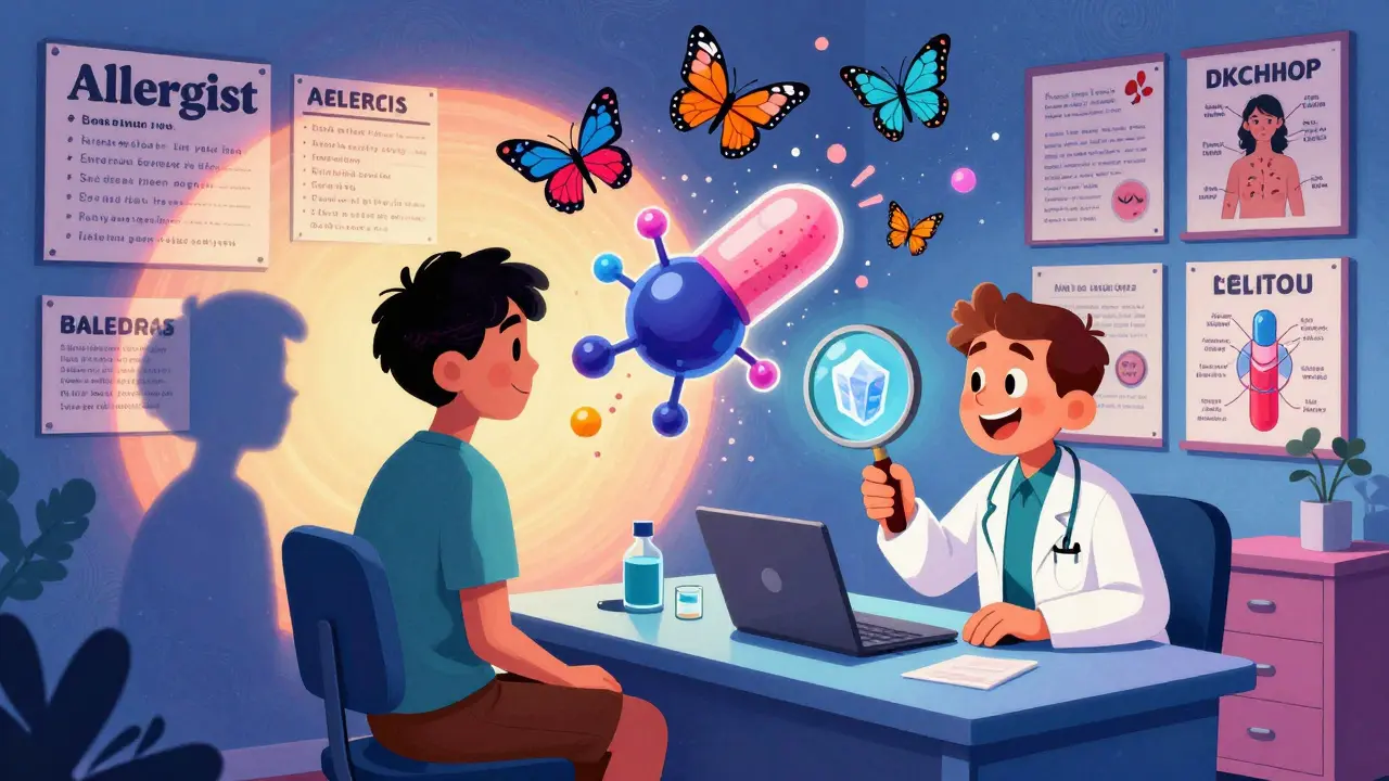 An allergist testing a penicillin molecule that reveals lactose as the real trigger, with floating symptom butterflies in a surreal office.