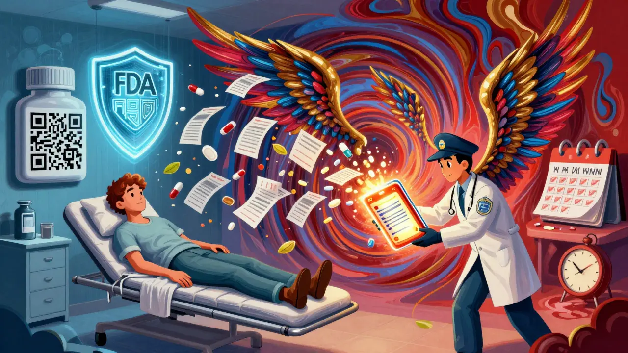 An emergency scene where a glowing binder protects a patient from dangerous drug interactions.