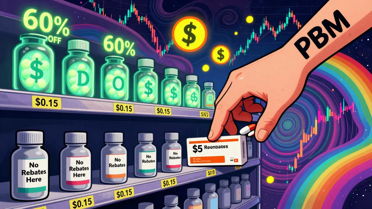 Brand-name drugs glowing with rebates while generics are pushed off a shelf by a PBM hand, psychedelic art.