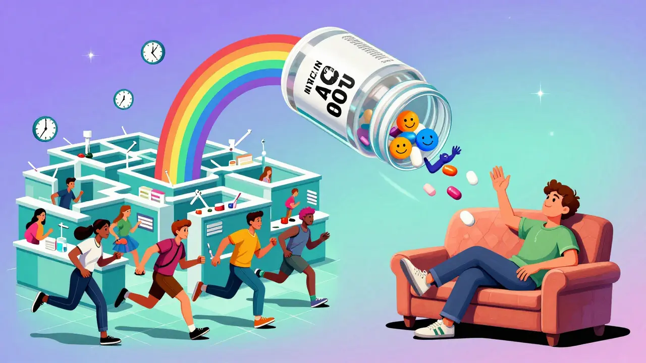 Chaotic pharmacy rush on one side, serene 90-day pill delivery on the other in psychedelic style.