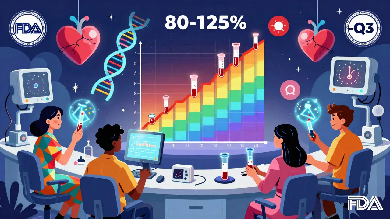Colorful volunteers in a surreal lab with floating monitors and blood samples turning into bar graphs within an 80-125% rainbow range.