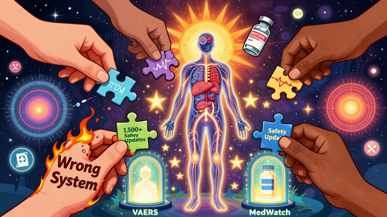 Diverse hands assembling a puzzle of medical products into a glowing human silhouette representing safety updates