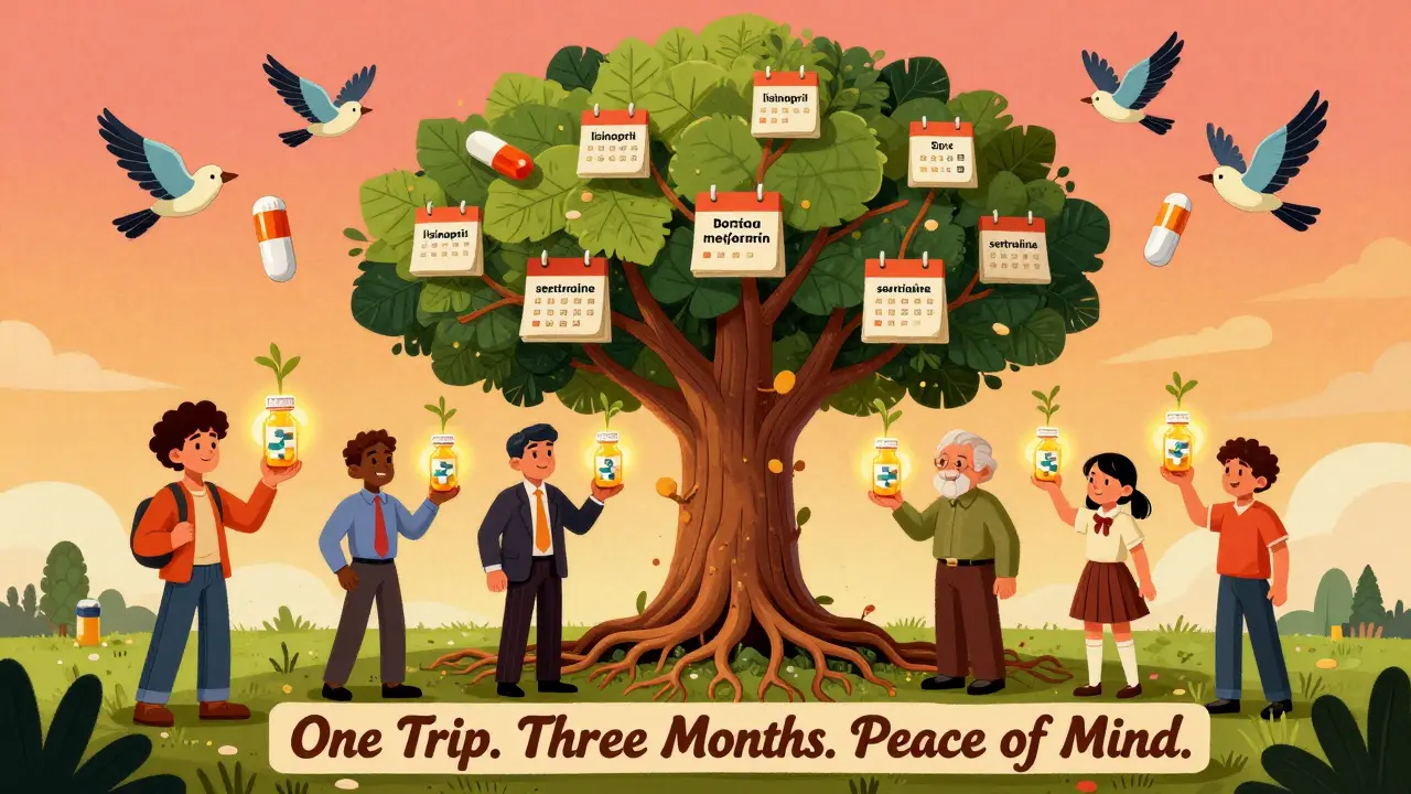 Diverse people holding glowing 90-day pill bottles that grow into a tree with medication-shaped leaves.