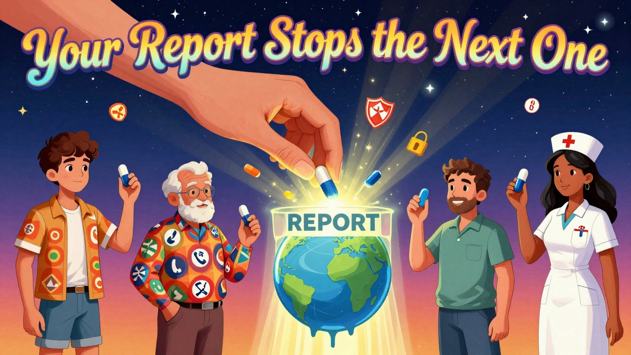 Diverse people holding pills that turn into safety symbols as a hand collects them into a portal labeled &#039;REPORT&#039;.