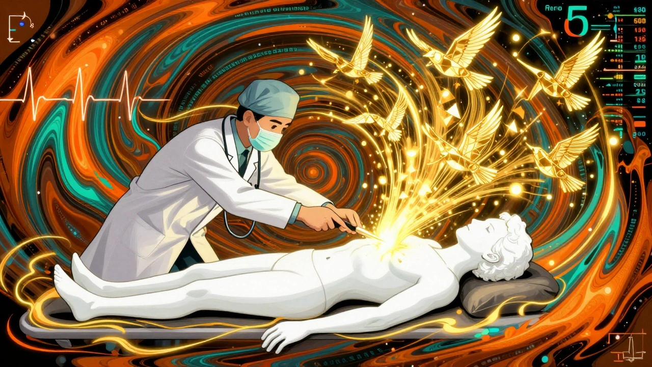 Doctor inserting a glowing needle into a chest as golden air turns into flying birds