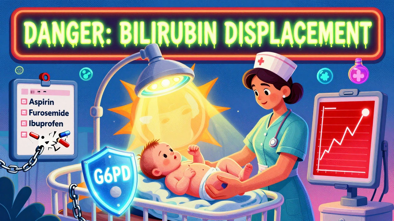 Nurse holding baby under phototherapy lamp, with neon warning signs and forbidden drugs chained below in psychedelic style.