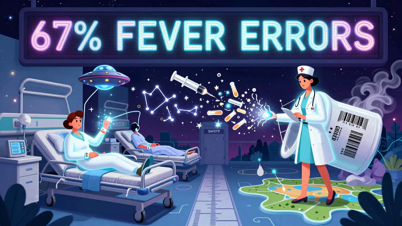 Nurses scan barcodes in a dreamlike hospital where ENFit syringes float like UFOs and a shattered dosing cup turns to smoke.