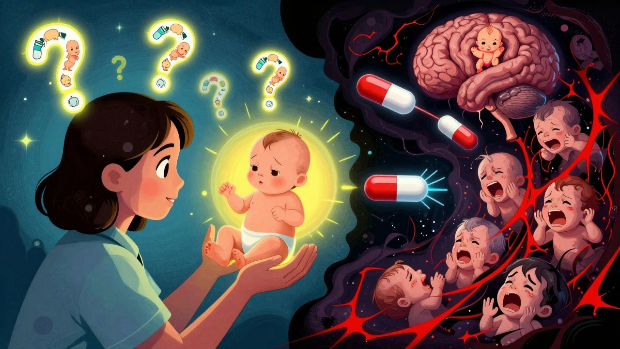 Parent and doctor with floating question marks, split path showing safe vs. dangerous medication outcomes in neonatal care.