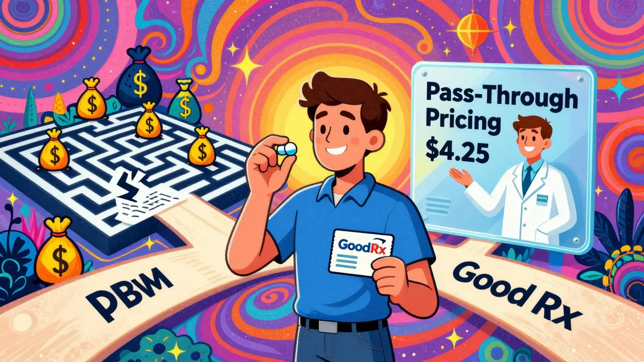 Patient at a crossroads between opaque PBM system and transparent pricing, vibrant psychedelic background.