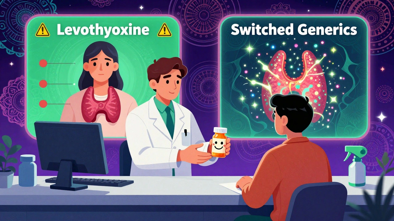 Pharmacist handing a pill bottle while a split scene shows balanced vs chaotic thyroid activity in psychedelic patterns.