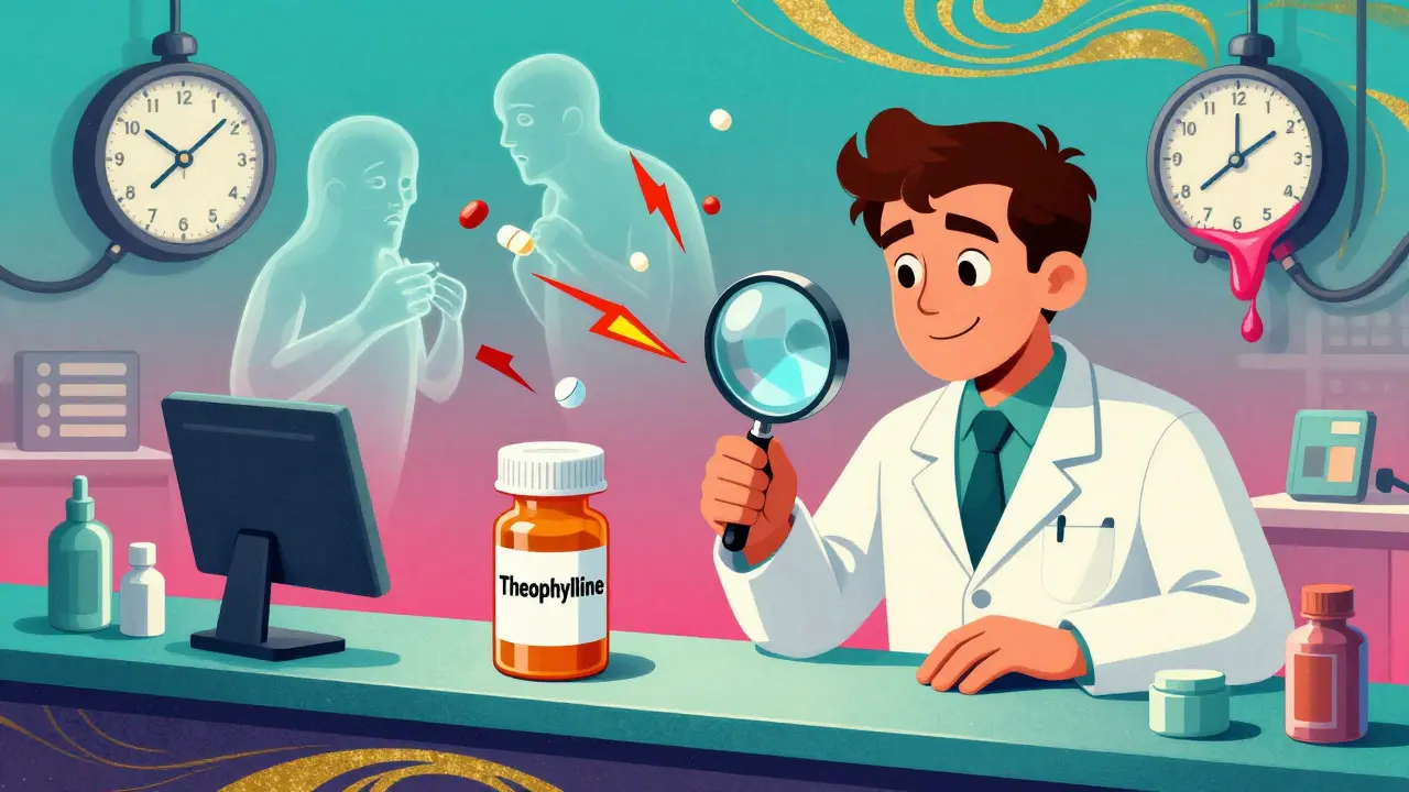 Pharmacist using magnifying glass over theophylline bottle as warning lightning strikes interact with other drugs.