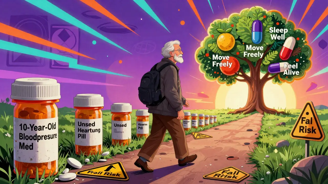 Senior walking away from outdated pills toward a vibrant path of healthy living symbols, with psychedelic patterns in the background.