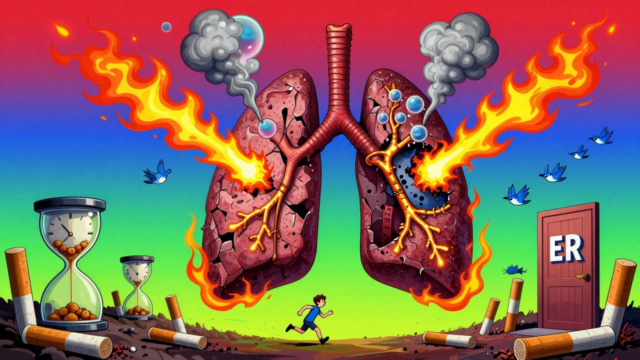 Smoker&#039;s lungs as crumbling castles bursting with neon blisters, healing with golden stitches