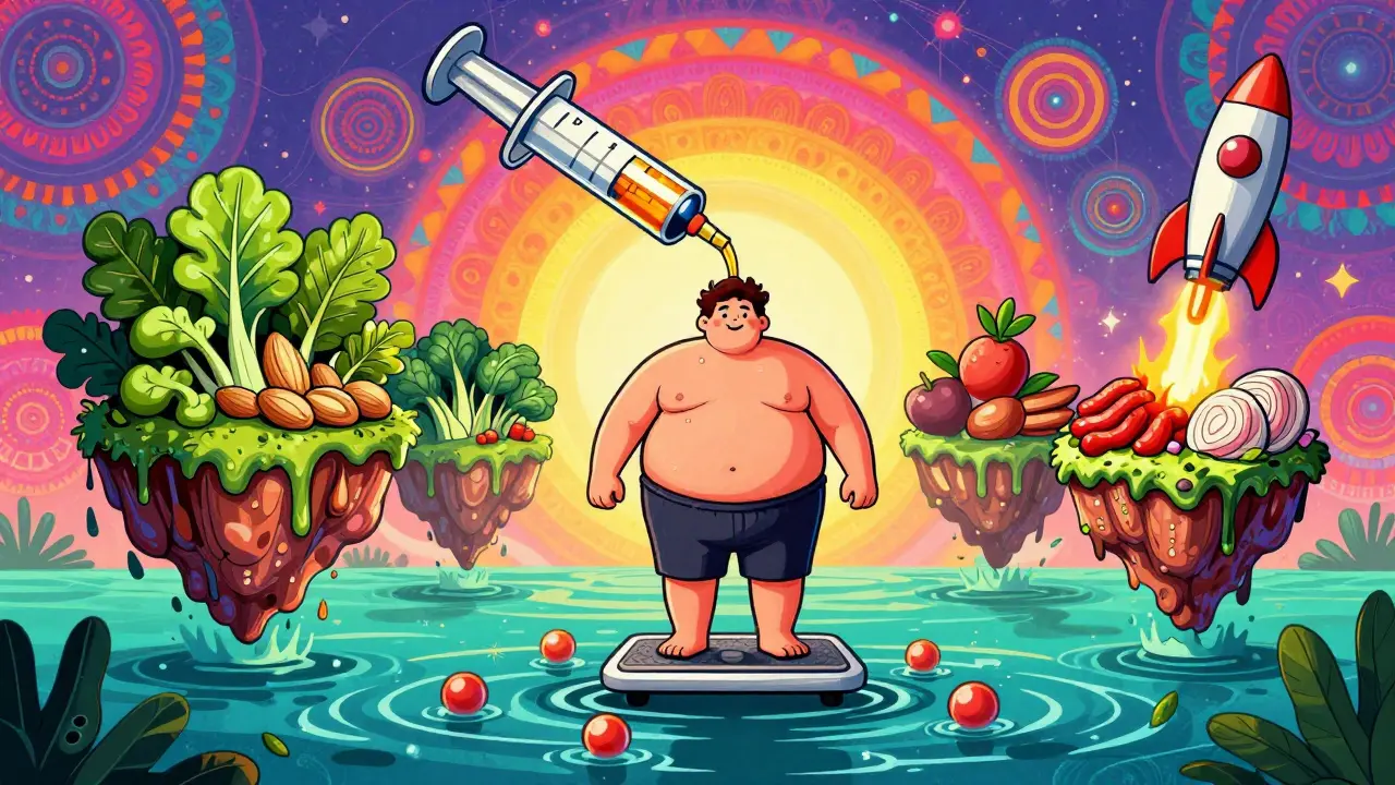 Someone on a sinking scale while insulin pours in, surrounded by healthy foods and a glowing GLP-1 pill.