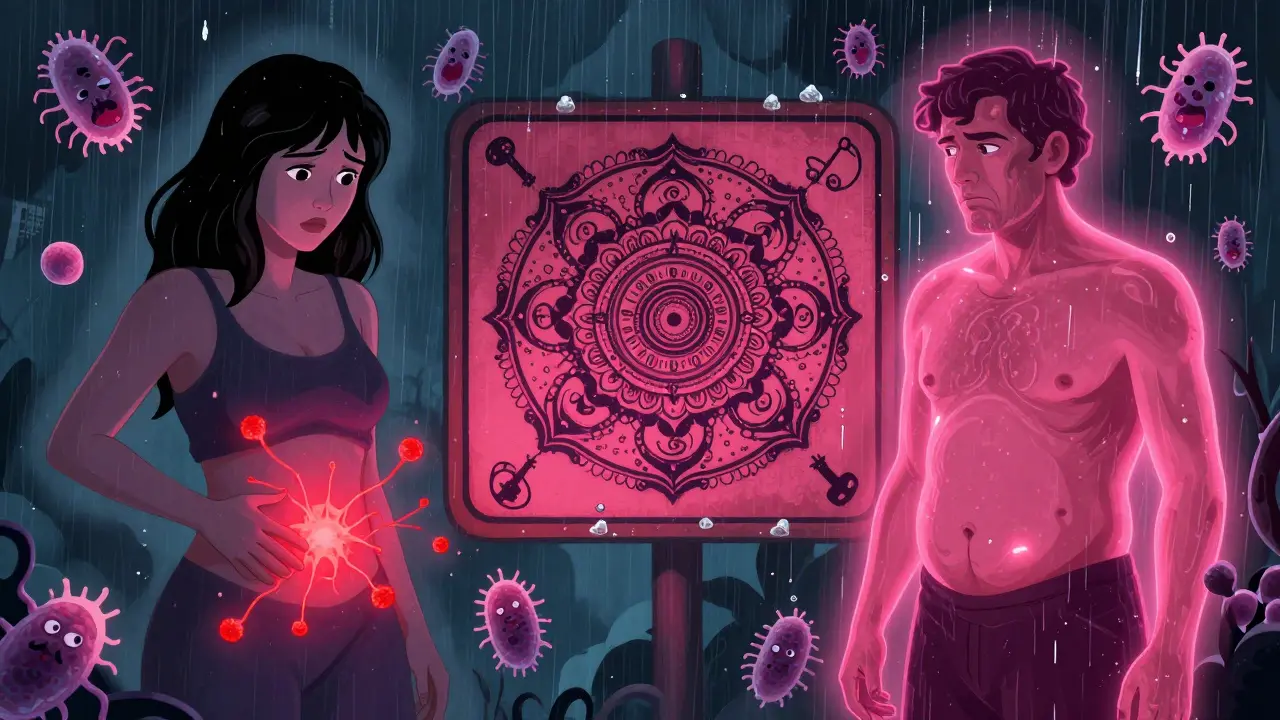 Split illustration of a woman and man suffering from yeast infections, surrounded by glowing sugar rain and bacterial demons.