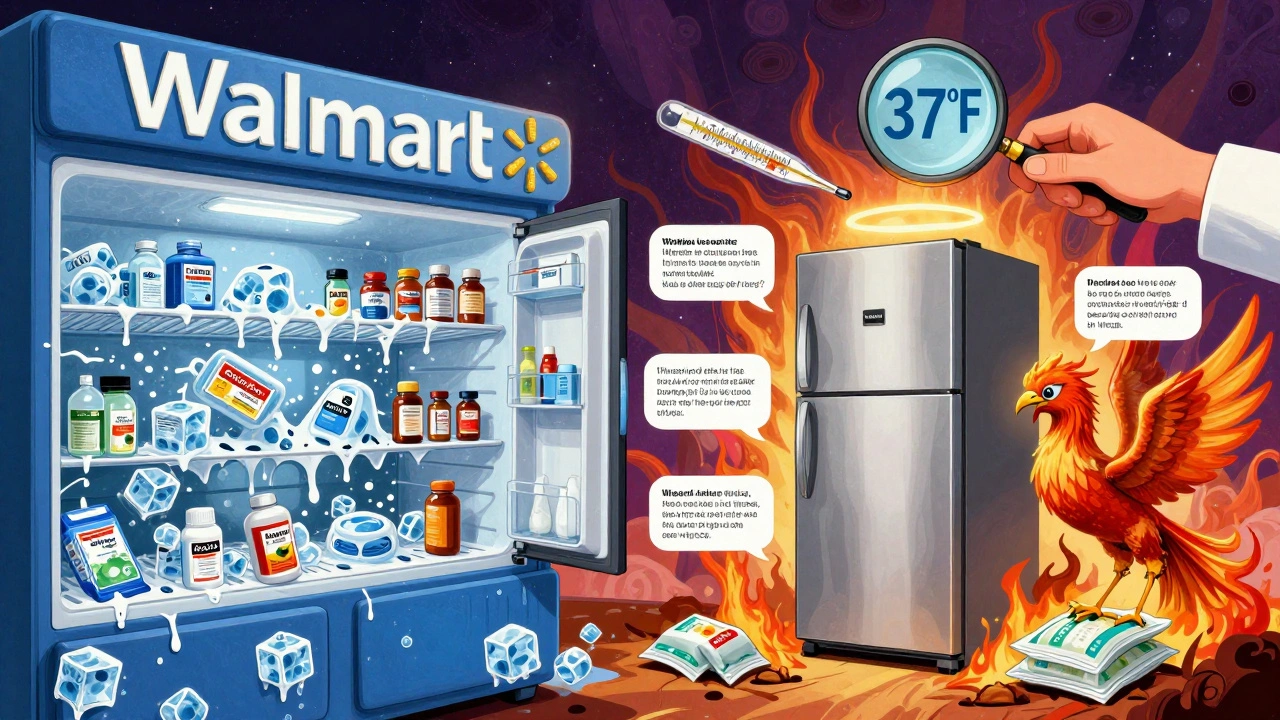 Split scene: chaotic cheap cooler vs. serene medical fridge, with pharmacist and thermometer glowing above.