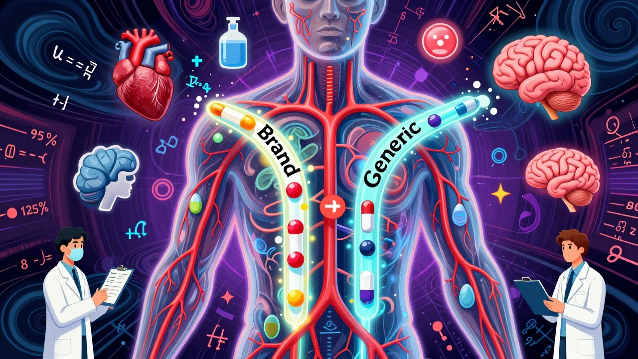 Transparent human body with identical drug streams flowing through blood vessels, surrounded by medical icons and scientific symbols.