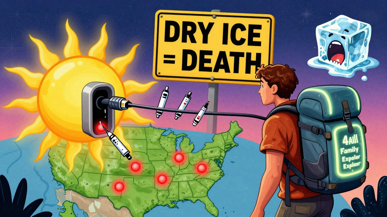 Traveler with a battery-powered medical cooler on their back, surrounded by temperature warnings and glowing maps.