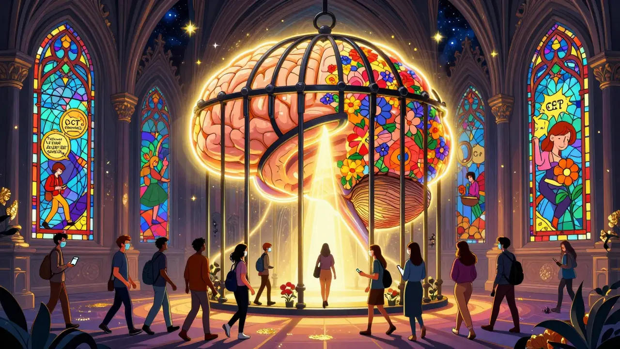 A brain shaped like a cathedral with healing light pouring through windows, breaking a cage into flowers.