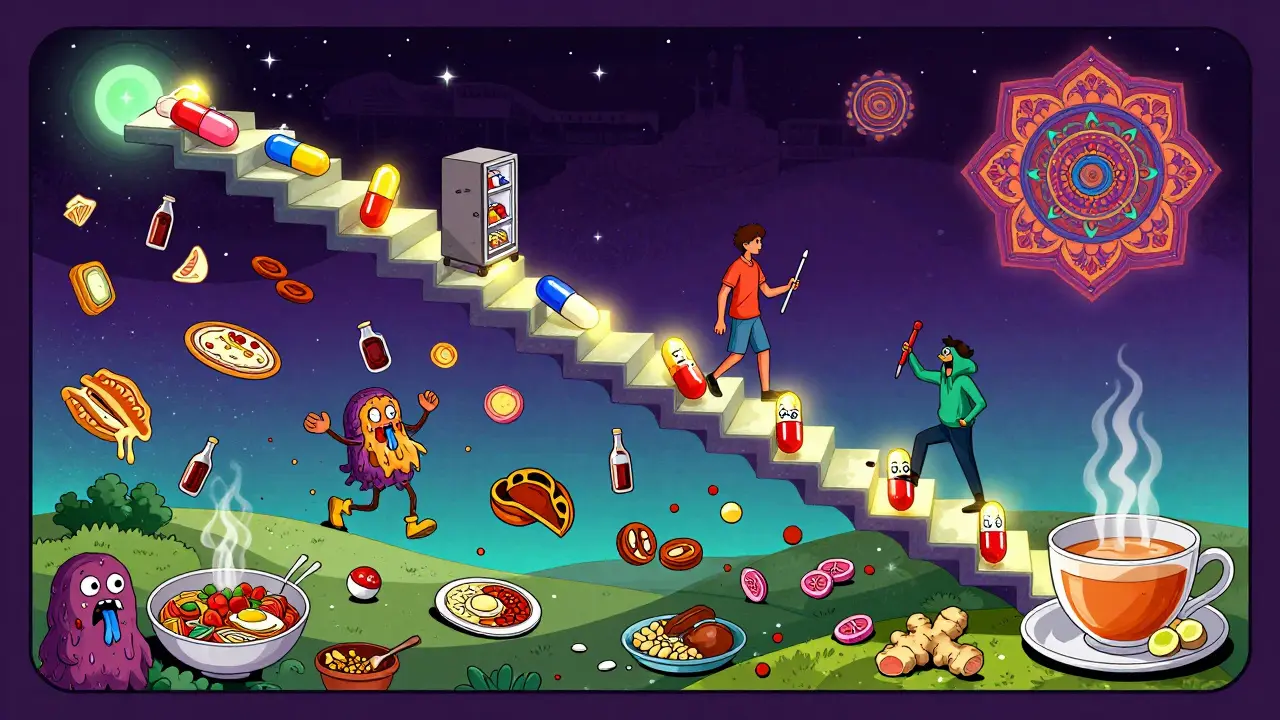 A cosmic staircase of dosage steps ascending as nausea fades, with healthy foods and ginger tea replacing chaotic symbols below.