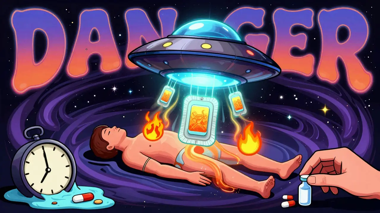 A fentanyl patch as a UFO being pulled by heat sources, with melting clocks and naloxone hand, in psychedelic 70s poster style.