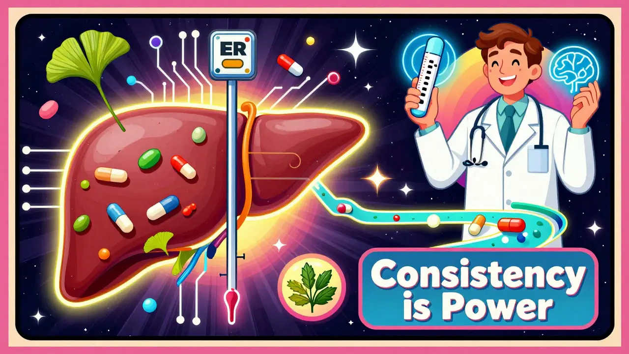 A glowing liver processing medications and supplements, with INR pathways leading to safety or danger.