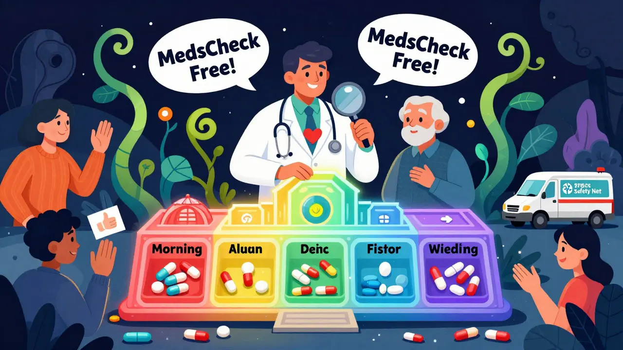 A glowing pill organizer with support figures nearby, representing community and pharmacist help.