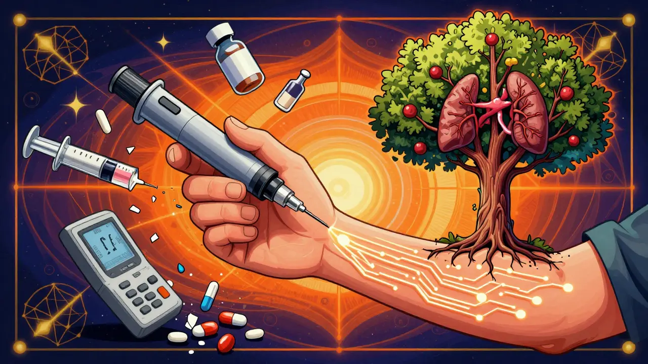 A hand uses an insulin pen that emits a glowing health pattern, while broken medical tools crumble to dust in a psychedelic backdrop.