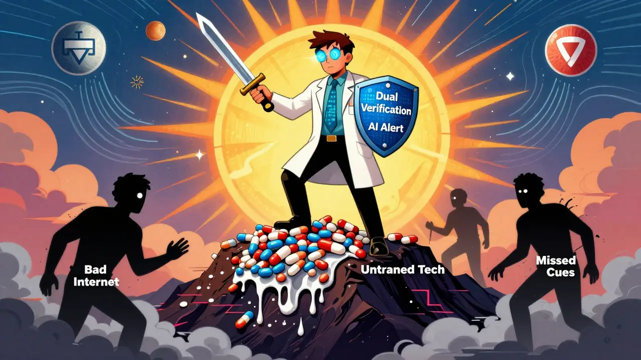 A heroic pharmacist with glowing eyes defeats shadowy threats like bad internet and untrained staff, standing on a mountain of pills under a Medicare sun.