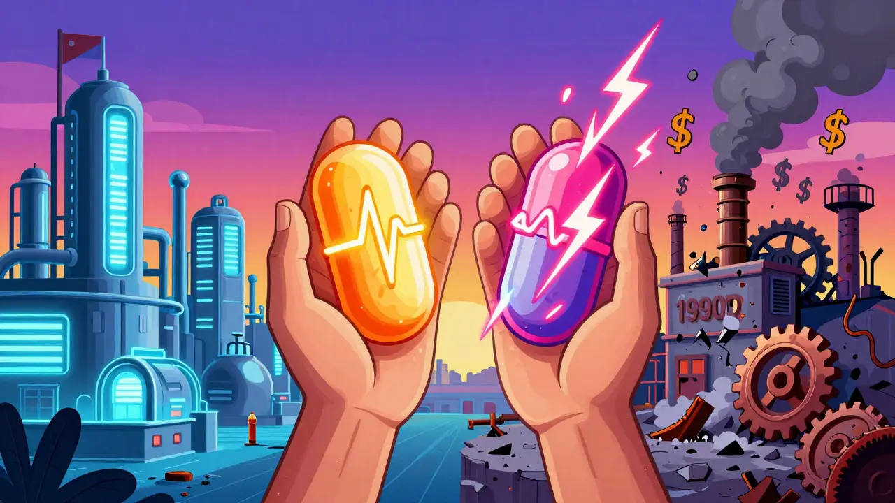 A patient holds two pills—one stable and glowing, the other chaotic and sparking—against a split factory backdrop.