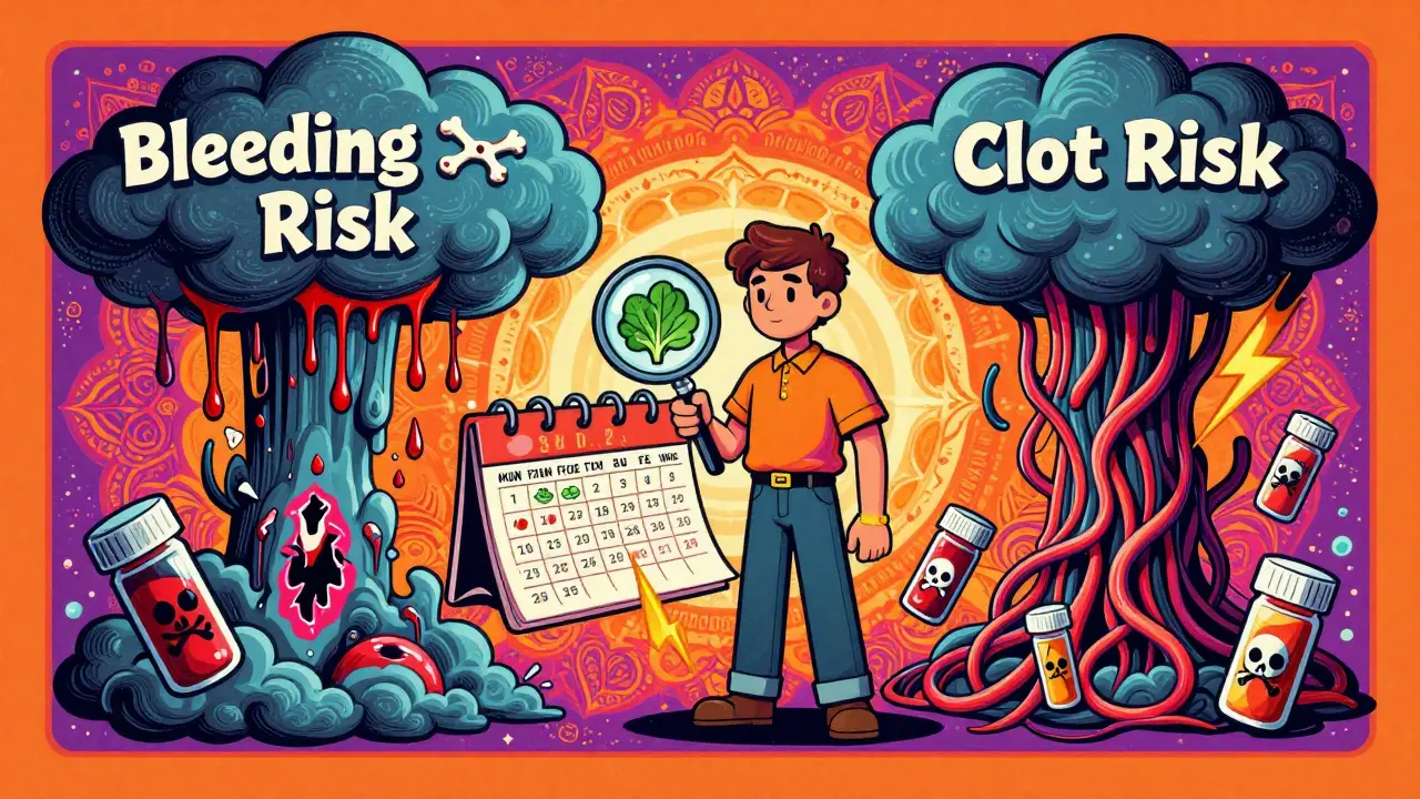 A person caught between bleeding and clotting storms, holding a calendar of meals and blood tests.