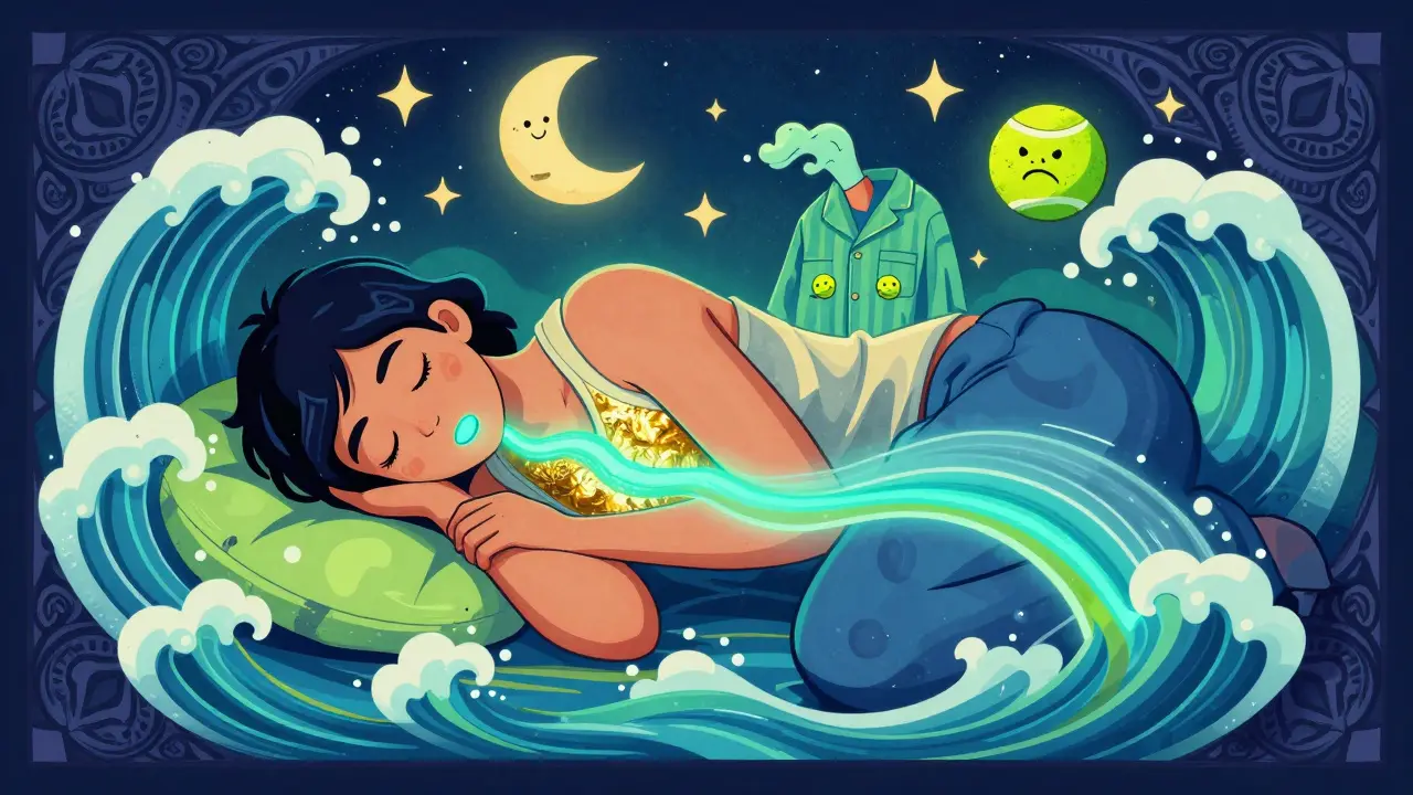 A person sleeping peacefully on their side with an open airway glowing in calming colors, contrasted with a frowning tennis ball in the background.