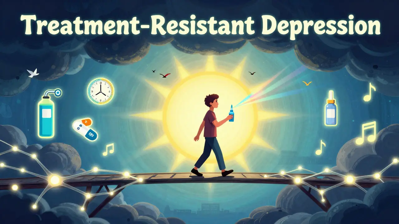 A person walking across a neural bridge from depression to hope, holding an esketamine spray, with a certified clinic in the background.