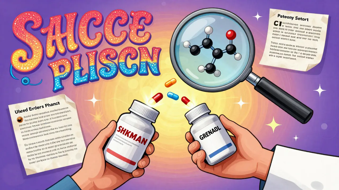 A pharmacist hands two bottles to a patient, both pouring identical glowing pills that transform into each other mid-air.