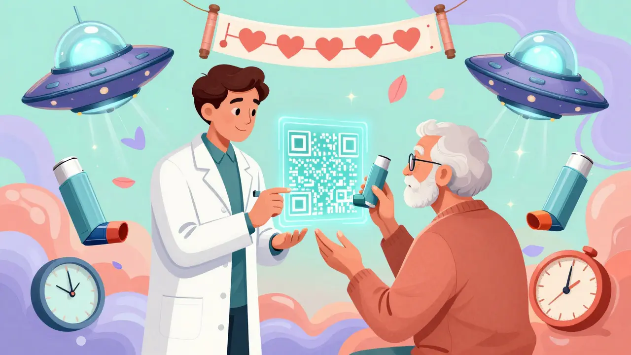 A pharmacist shows an elderly patient a holographic inhaler demo, with floating generic devices and soft pastel hues surrounding them.