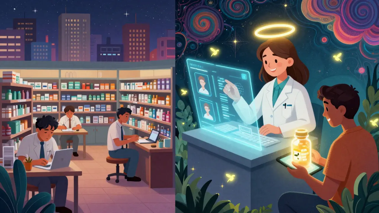 A split-screen psychedelic image contrasting a crowded city pharmacy with a serene rural telepharmacy using holograms and AI fireflies to manage medications.