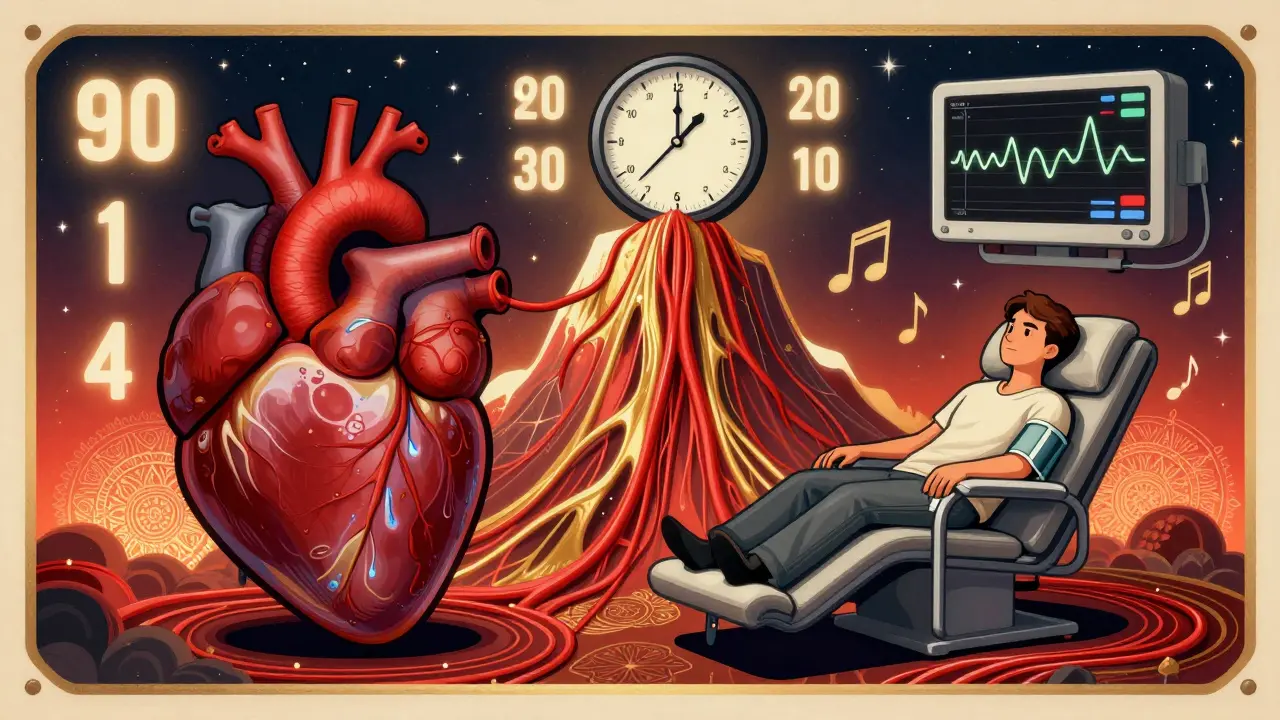 A stylized heart and blood pressure gauge rising dramatically with glowing waves, representing temporary spikes during esketamine therapy.
