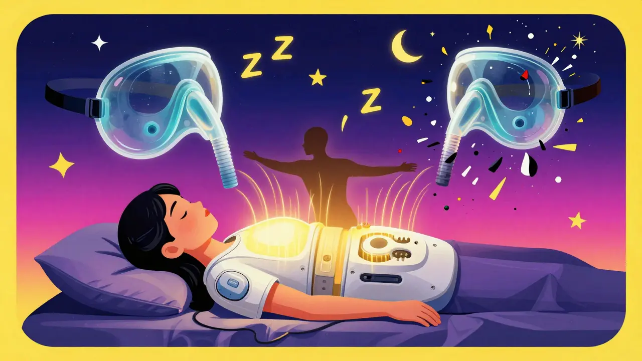 A wearable device emitting gentle vibrations to keep a sleeper on their side, while a broken CPAP mask turns to confetti in a cosmic night scene.