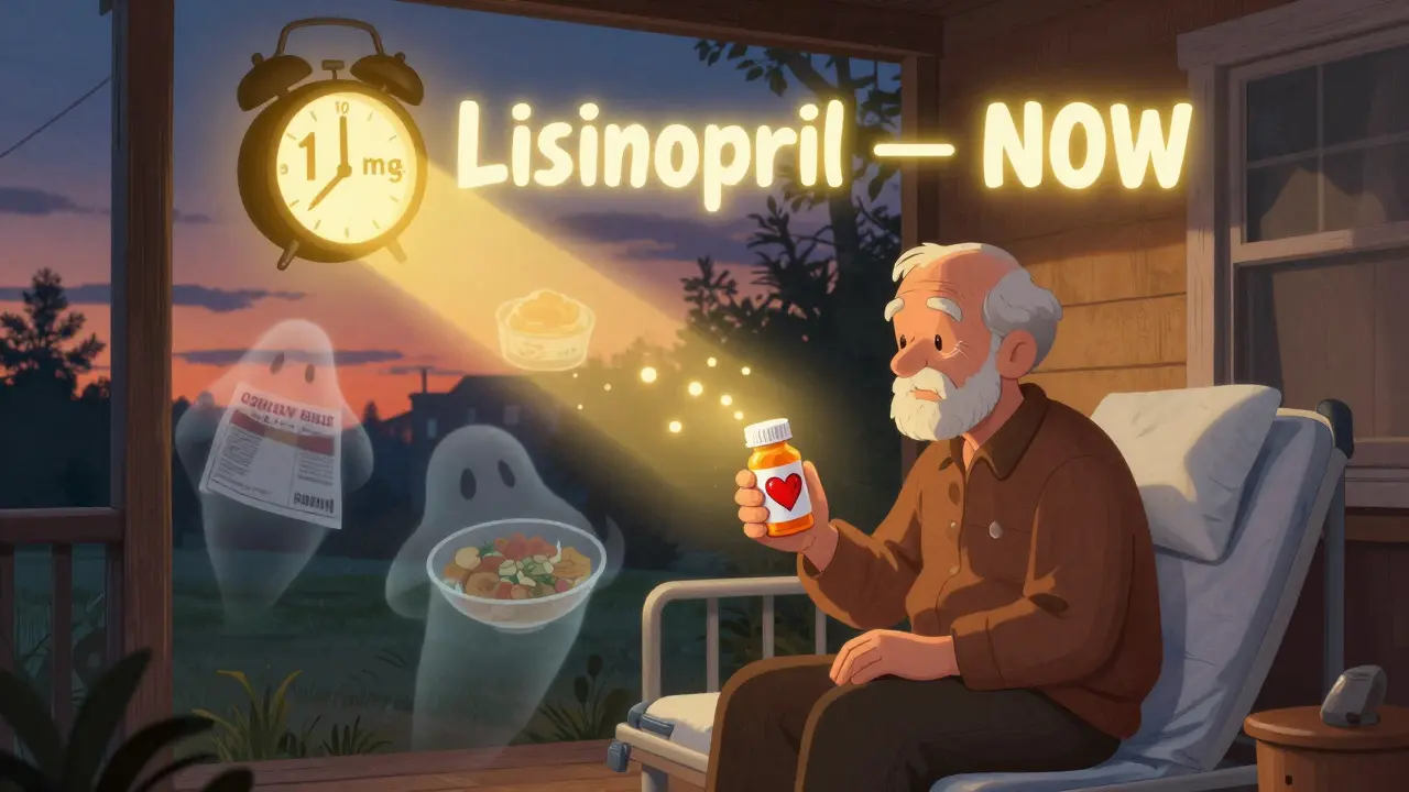 An older man on a porch with empty pill bottle and floating life challenges, illuminated by a simple reminder.