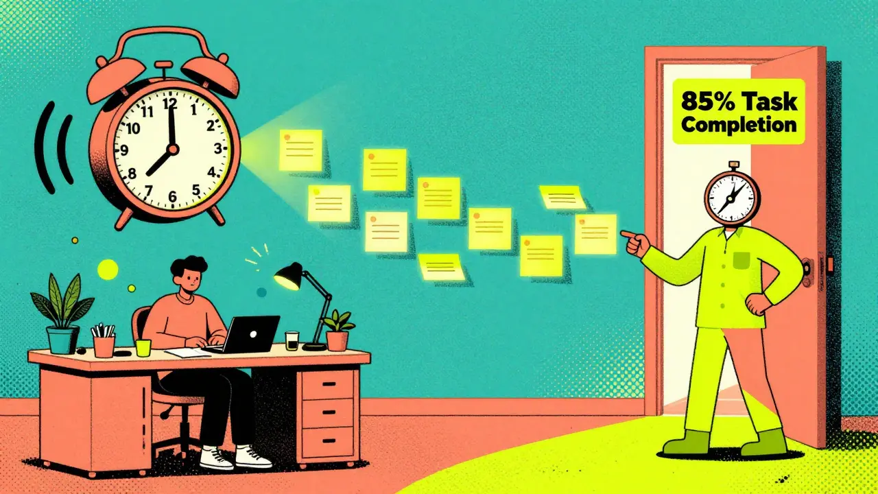 An organized desk with glowing path and coach guiding toward success, rendered in bold retro colors.