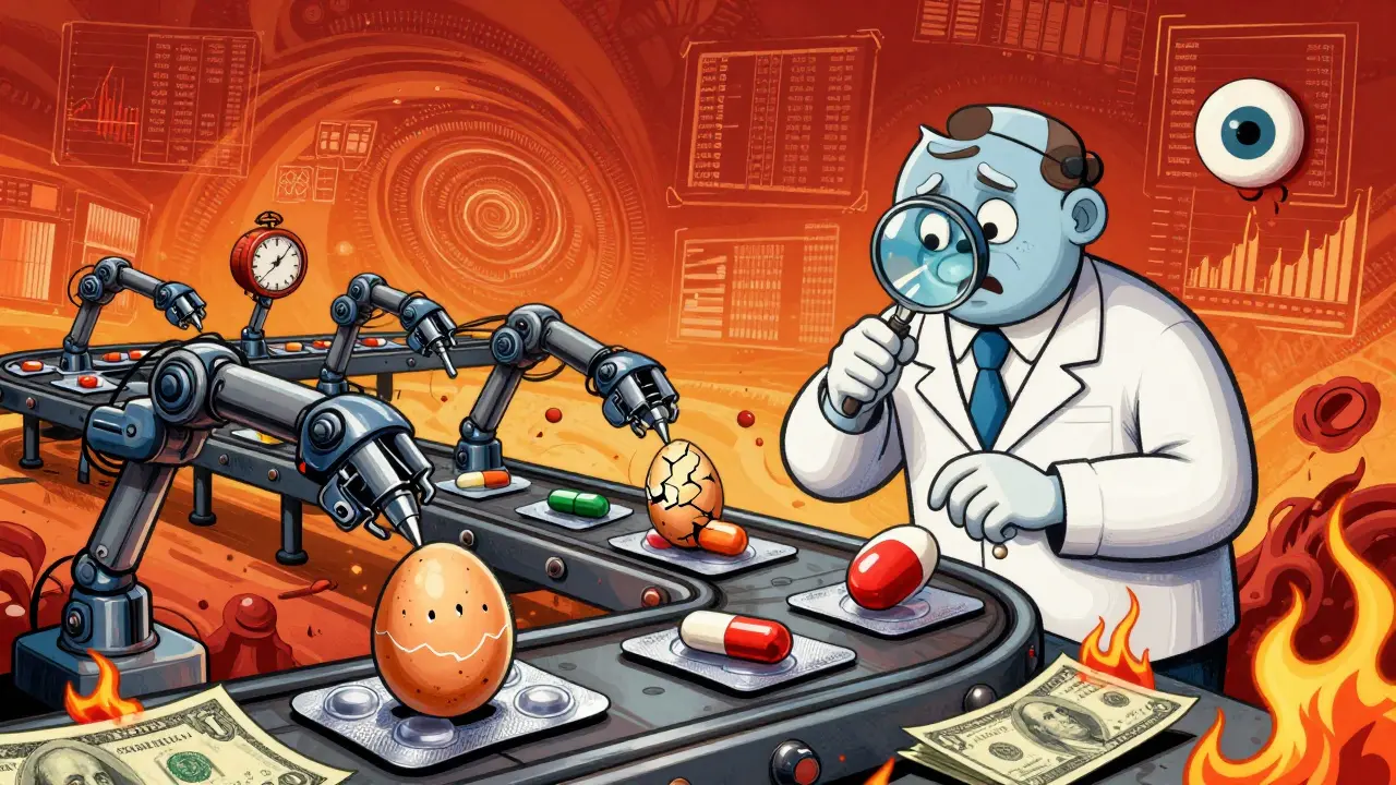 An surreal assembly line produces pills shaped like melting clocks and eyes, with burning dollar bills as the conveyor belt.